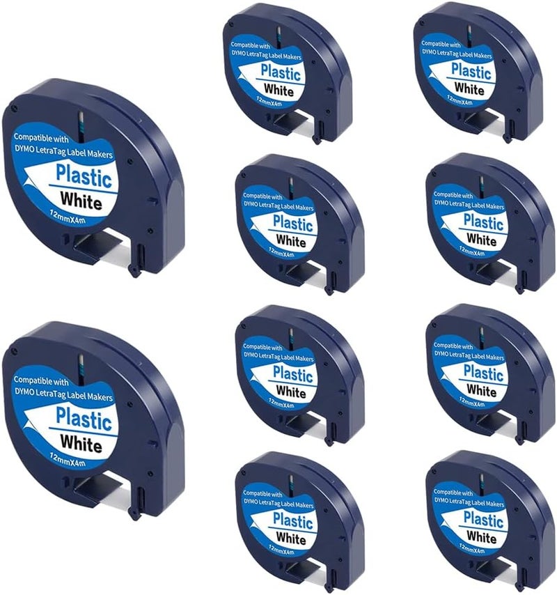 FlyLong 91331 White Plastic Label Tape Compatible with Dymo Letratag Label Maker Refill 12mm x 4m (1/2" x 13') Work with LT 100H 100T QX50 200B Labeler, 10-Pack - Image 1
